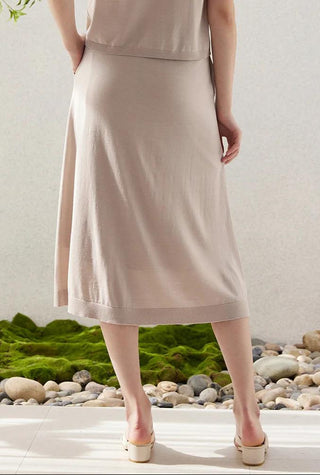 Camel wool-silk midi skirt with gentle flare and straight hem, rear view