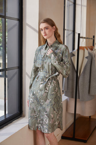 Women's Silk Long-Sleeve Printed Turn-Down Collar Dress