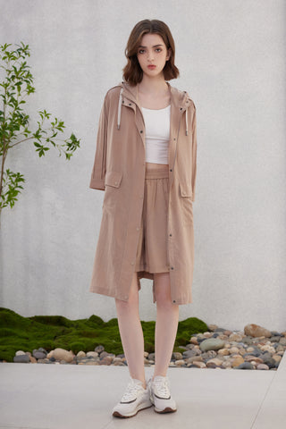 Brown hooded longline lightweight jacket with drawstring ties and beaded shoulder detail