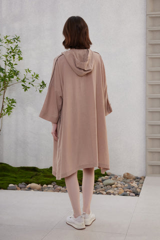 Back view of brown hooded longline lightweight jacket with drawstring hood