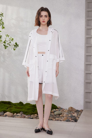 White hooded longline lightweight jacket with front buttons and drawstring hood