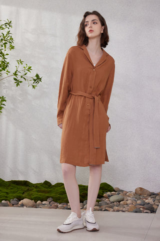 Linen shirt-collar dress in brown with waist belt and long sleeves
