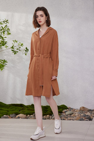 Brown linen shirt-collar dress with button front, waist tie belt, midi length