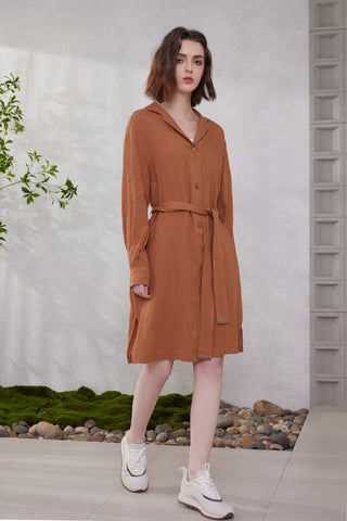 Brown linen shirt-collar dress, long sleeves and belt tie at waist