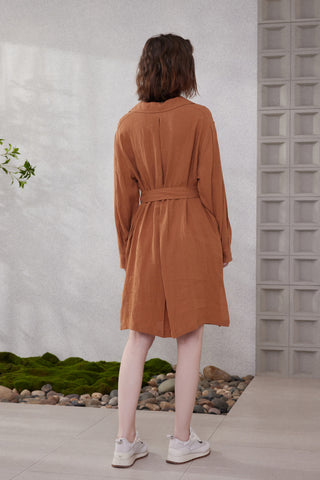 Back view of brown linen shirt-collar dress with waist belt