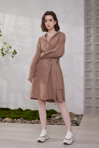 Brown linen shirt collar dress with self-tie waist and relaxed fit, 3/4 front view