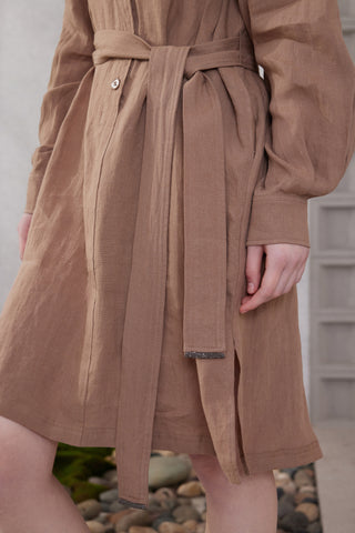 Belted waist detail on brown linen shirt collar dress with buttoned placket