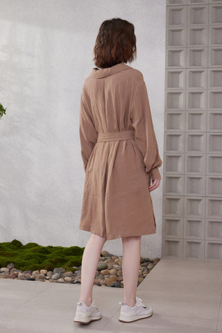 Linen classic shirt collar dress in brown, belted waist and midi length, back view