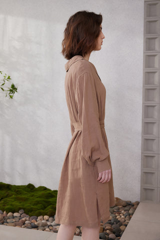 Brown linen shirt-collar dress with gathered sleeves and belted waist, side view