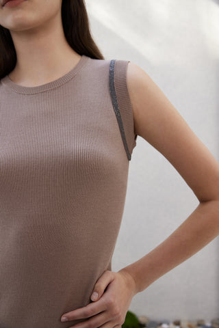 Close-up brown ribbed dress: crew neckline and beaded armhole strap trim