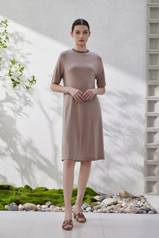 Taupe wool-silk knit dress, short sleeves and dark beaded neckline trim
