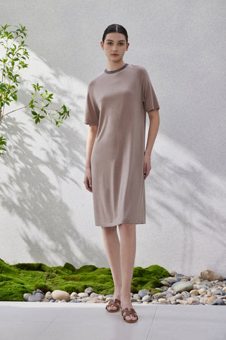 Wool-silk knit short-sleeve dress, taupe, straight silhouette with dark beaded neckline trim