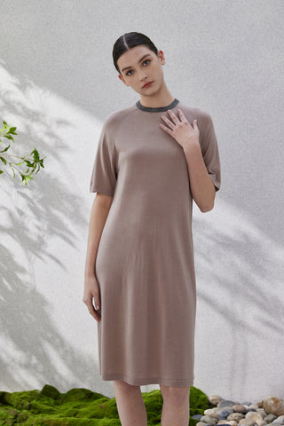 Taupe knit short-sleeve dress with dark beaded collar trim and relaxed straight fit