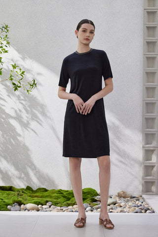 Black wool-silk short-sleeve knit dress with dark crew neckline trim