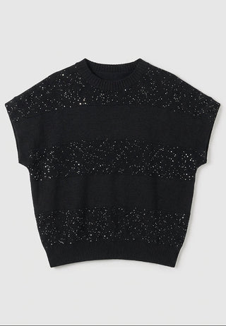 Flat lay: black sequin short-sleeve knit sweater with ribbed crew neck