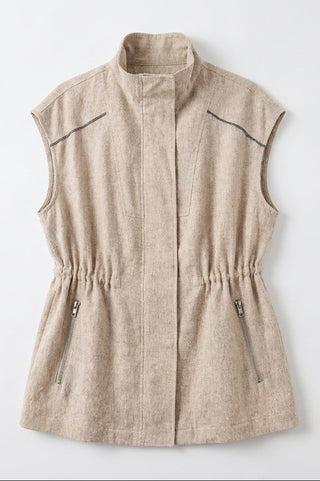Camel sleeveless linen vest flat lay with front placket, drawstring waist, contrast stitching