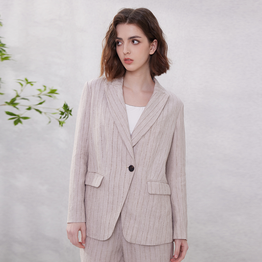 Women's Clothing Linen Stripe Blazer Jacket