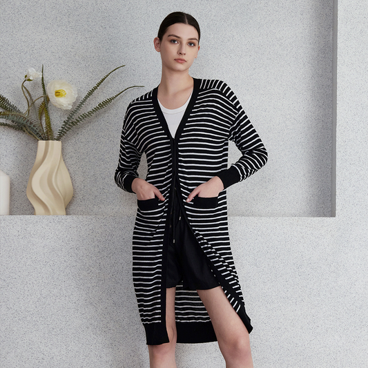 Women's Clothing Striped Linen Silk Long Knitted Cardigan