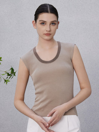 Camel sleeveless tank top in ribbed knit with simple beaded neckline
