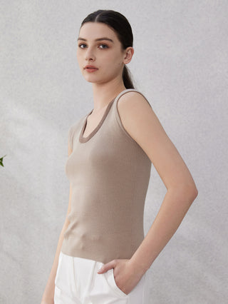 Camel silk-wool tank top, sleeveless ribbed knit with beaded neckline detail