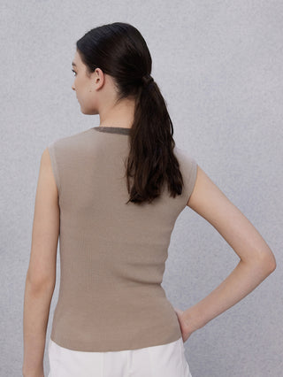 Camel tank top back view, ribbed fabric and beaded-trim scoop collar