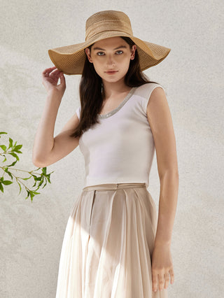 White silk-wool blend tank top with beaded neckline, sleeveless ribbed knit