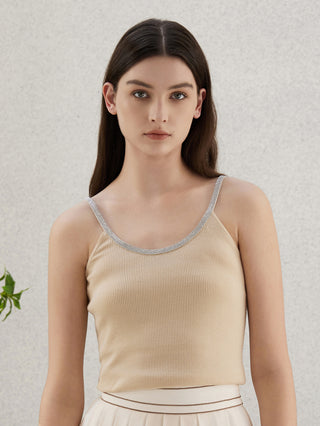 Apricot ribbed camisole with beaded trim at scoop neckline and thin straps