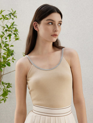 Apricot wool-silk ribbed camisole with beaded neckline trim and spaghetti straps
