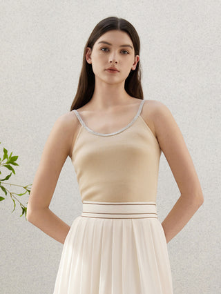Apricot ribbed camisole top with beaded trim on scoop neck and thin spaghetti straps