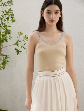 Apricot ribbed camisole front view with beaded neckline trim and fitted silhouette