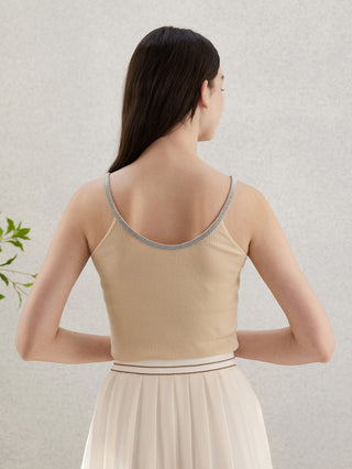 Apricot ribbed camisole back view with scoop neckline and beaded trim, thin straps
