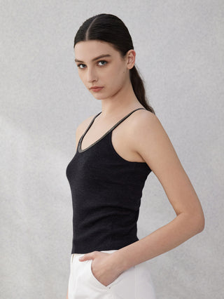 Graphite gray ribbed camisole, scoop neckline, slim straps with beaded trim