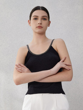 Graphite gray wool-silk ribbed camisole with beaded trim edging the scoop neckline