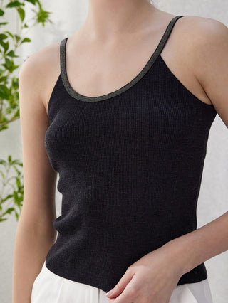 Graphite gray wool-silk ribbed camisole with beaded trim along neckline and straps