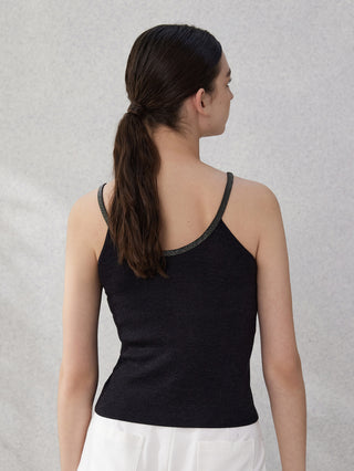 Graphite gray ribbed camisole back view with beaded scoop neckline trim and thin straps