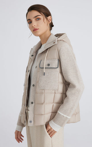Camel wool down jacket with snap placket, flap pocket detail, and ribbed cuff trim