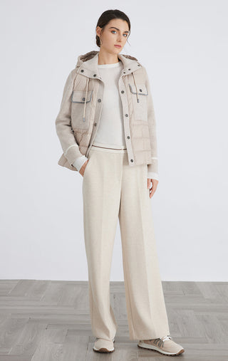 Camel wool down jacket on model: snap front, quilted panels, and flap front pockets
