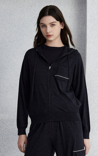 Black hooded zip knit cardigan with zip-front, drawstring hood, and chest pocket.