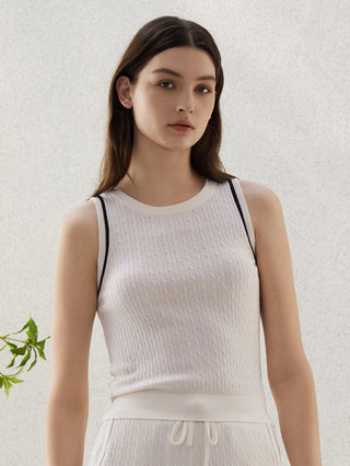 White silk-wool knit sleeveless sweater with crew neck, ribbed texture, contrast trim