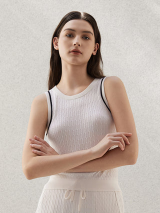 White silk-wool knit sleeveless sweater with contrast stripe on shoulder