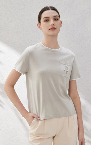 Light gray wool-silk knit t-shirt with crew neck, chest pocket, and contrast trim