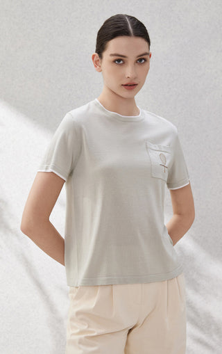 Light gray wool-silk knit T-shirt with chest pocket and tennis racket applique