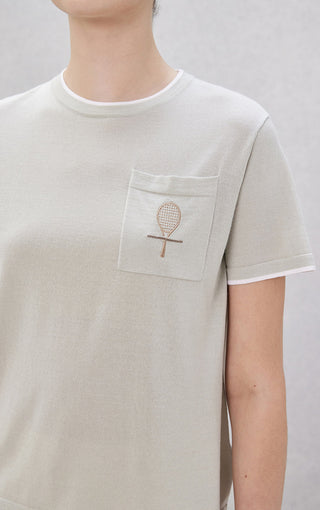Light gray T-shirt front pocket with tennis racket graphic