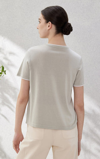 Light gray wool-silk knit T-shirt back view, short sleeves