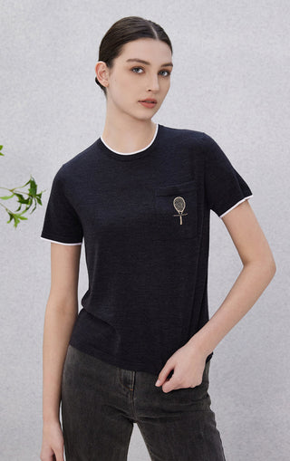 Dark gray t-shirt with contrast white trim around crew neck and chest pocket detail