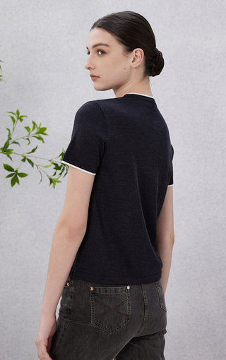 Dark gray wool-silk knit t-shirt shown from side, crew neck, short sleeves
