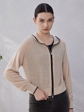 Camel linen-silk knit hoodie with front zipper and black-trim hood