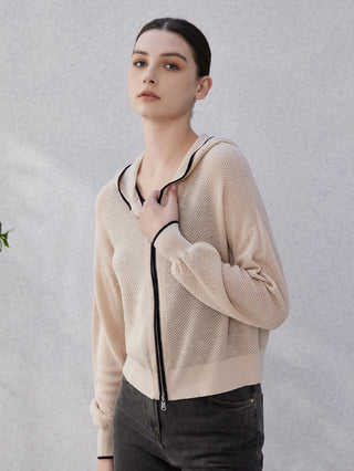 Camel knit zip hoodie, dropped sleeves and ribbed cuffs with black trim