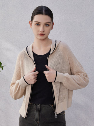 Camel hoodie front zipper, black trim accents, ribbed hem and cuffs