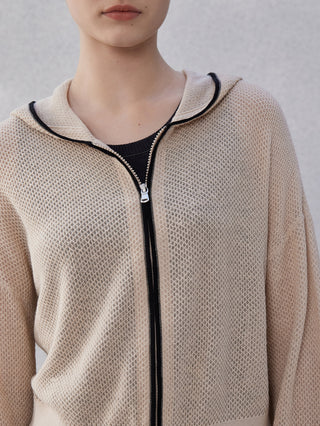 Camel knit hoodie close-up: zip placket with black trim and ribbed collar